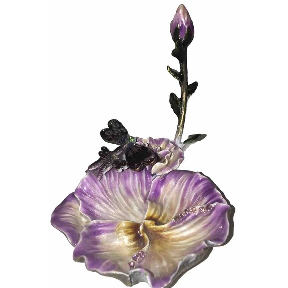 Dragonfly & Flower Ringholder Tray Trinket Enamel Over Heavy Metal With Crystals - Picture 5 of 8